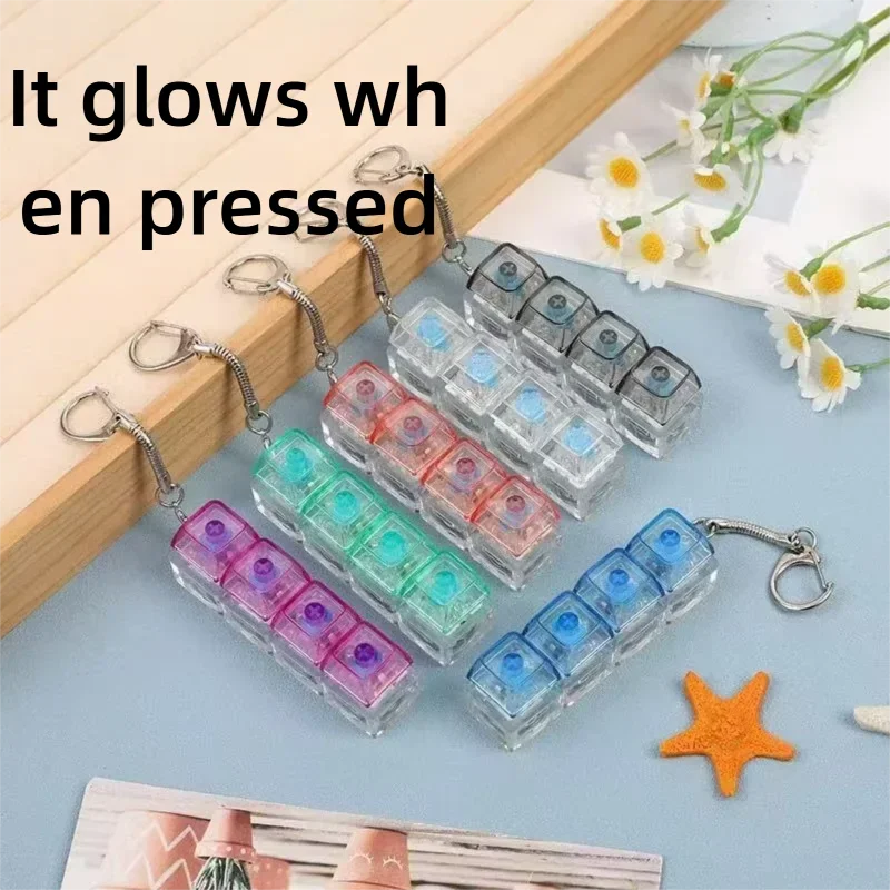 Anti-Stress 4Keys Transparent Mechanical Keyboard Keychain with LED Light - Bag Charm Gift for Adults Children Office Decompress